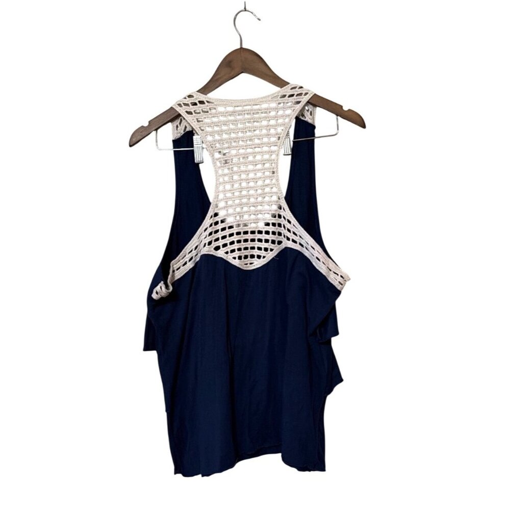 Navy Blue Sleeveless Tank Top With Crochet Back & Layered Ruffle Front - Womens - Picture 2 of 4